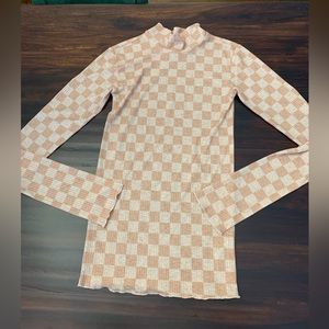 P.E Nation Mock Neck Long Sleeve Checkered Tan Beige Top sweats or jeans